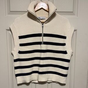 Zara Beige and Navy Striped Knit Vest